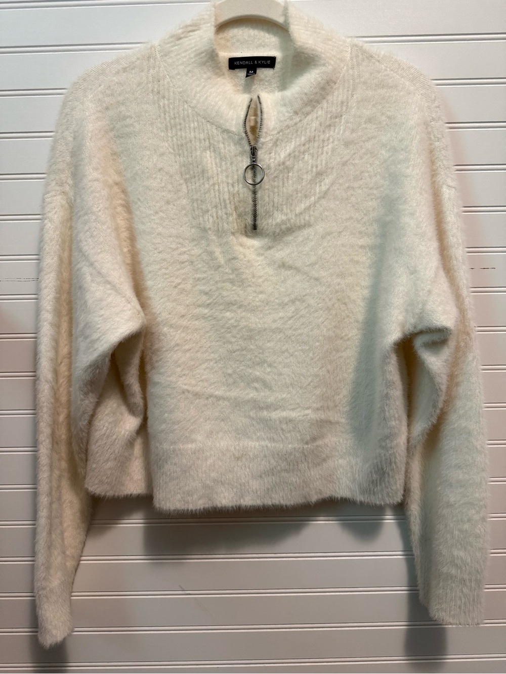 Kendall & Kylie Cream Cropped Faux-Fur Half-Zip Turtleneck Sweater